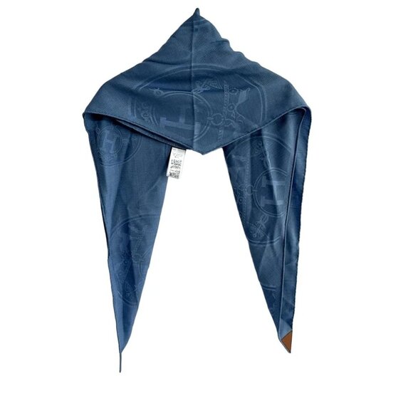 Auth HERMES Roseange New Libris GM - Blue Denim Cashmere Silk Leather Scarf - Picture 2 of 5